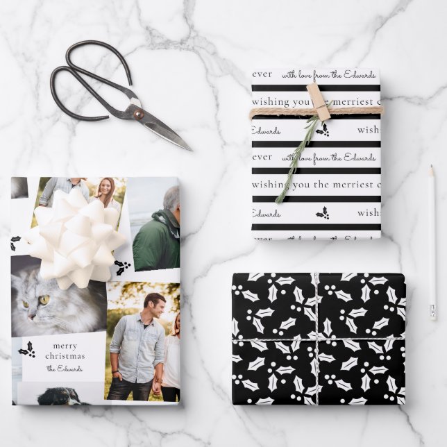 Feuille De Papier Cadeau Black and White Modern Holly Sprig (Recto)