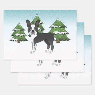 Feuille De Papier Cadeau Black Boston Terrier Dans Une Forêt D'Hiver