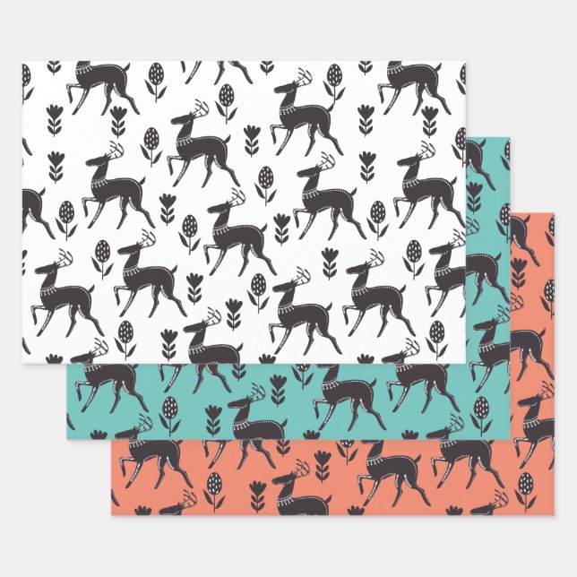 Feuille De Papier Cadeau Black Folk Art Deer Trio III (Lot)