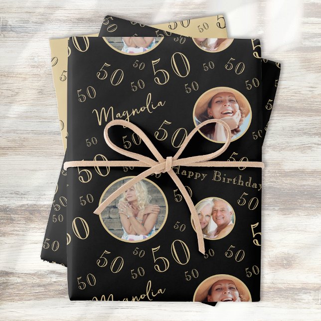 Feuille De Papier Cadeau Black Gold Age Photo 50th Birthday (Créateur téléchargé)