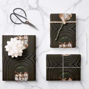 Feuille De Papier Cadeau Black Gold Custom Photo Famille