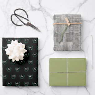 Feuille De Papier Cadeau Black Green Moderne Chers Antlers Monogramme