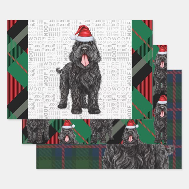 Feuille De Papier Cadeau Black Russe Terrier Chien Vert Rouge Plaid Holiday (Lot)