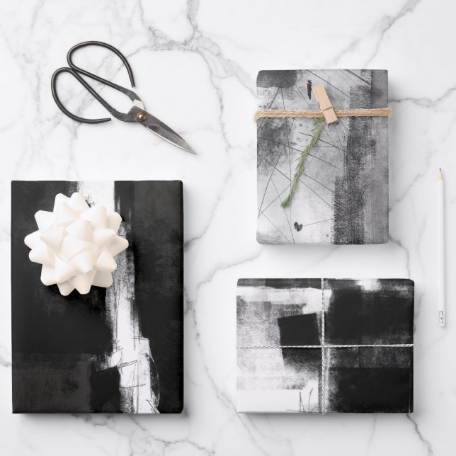 Feuille De Papier Cadeau Black White Grey Russe Abstrait s2 (Recto)
