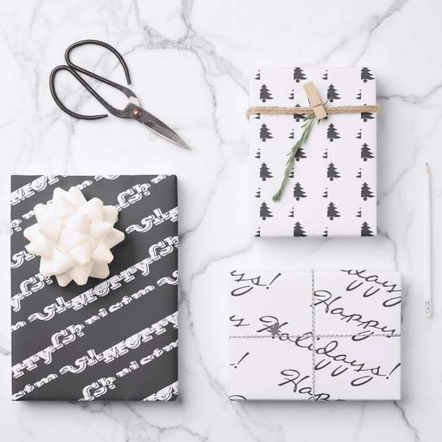Feuille De Papier Cadeau Blanc gris Joyeux Noël Joyeux Joyeux Fêtes (Recto)