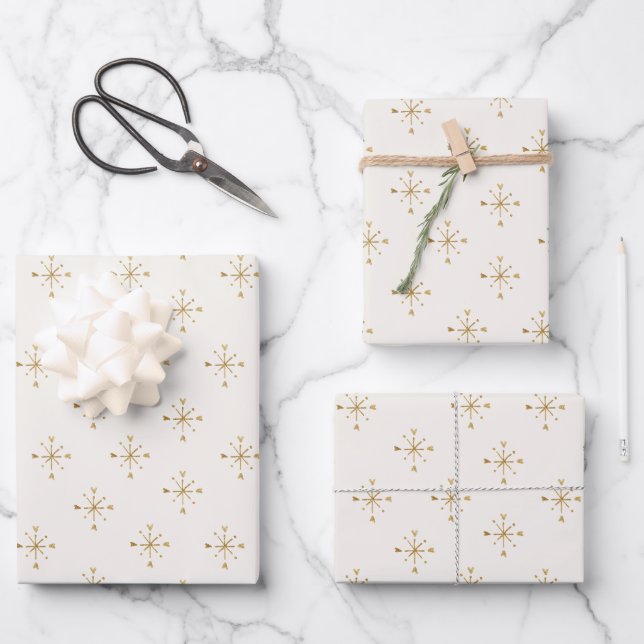 Feuille De Papier Cadeau Blanc ivoire moderne | Gold Snow Star Noël (Recto)
