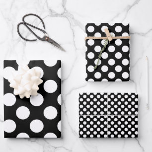 Feuille De Papier Cadeau Blanc sur noir Pois de tailles différentes
