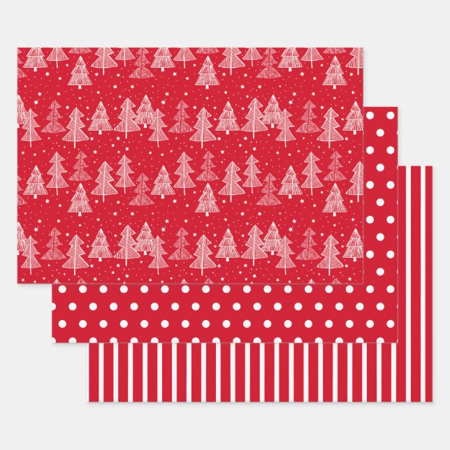 Feuille De Papier Cadeau Blancs rouges Arbres de Noël Pois (Lot)