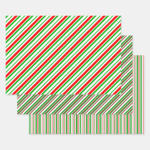 Feuille De Papier Cadeau Blancs verts, blancs, rouges, rayures de style Noë