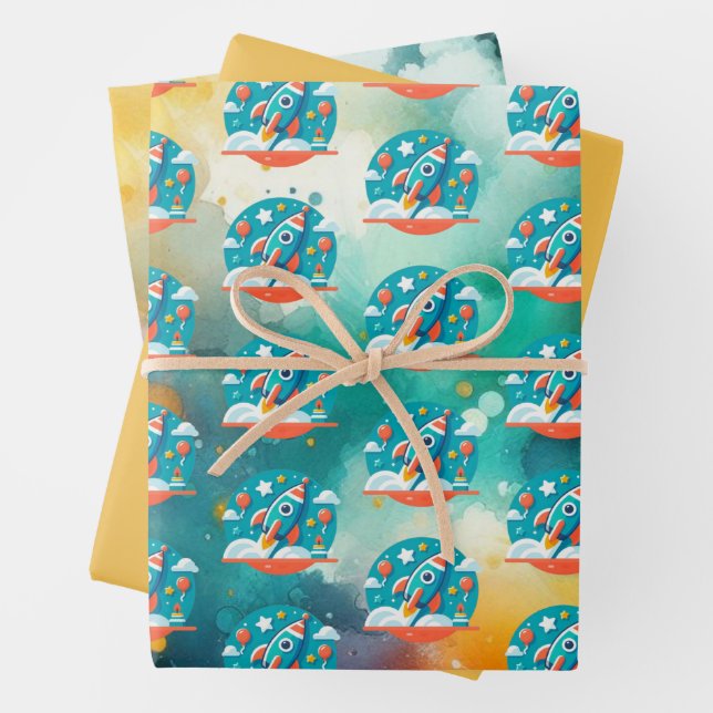 Feuille De Papier Cadeau Blastoff anniversaire : Rocket Ship Adventure Moti (En situation)