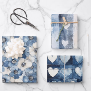 Feuille De Papier Cadeau Bleu Blanc Denim Fleurs Coeurs Anniversaire