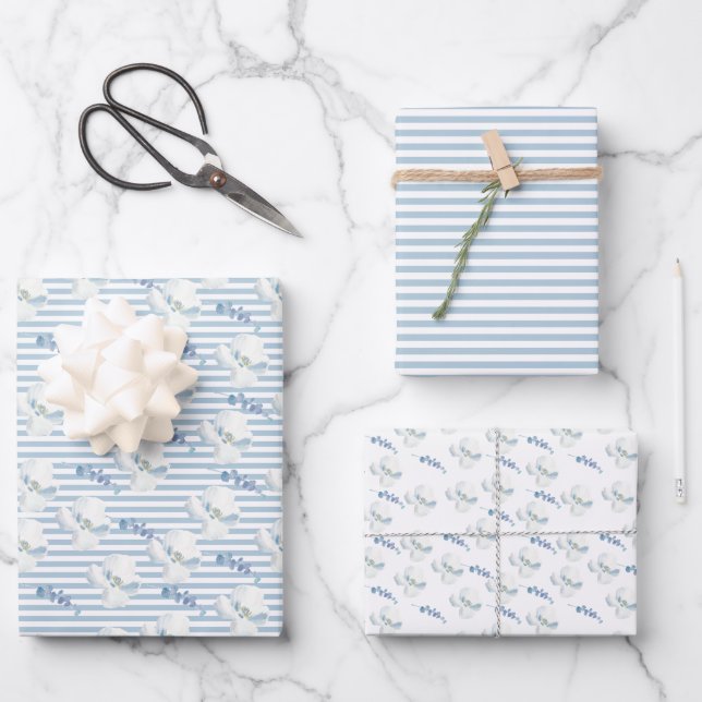 Feuille De Papier Cadeau Bleu blanc Fleur Eucalyptus raypes (Recto)