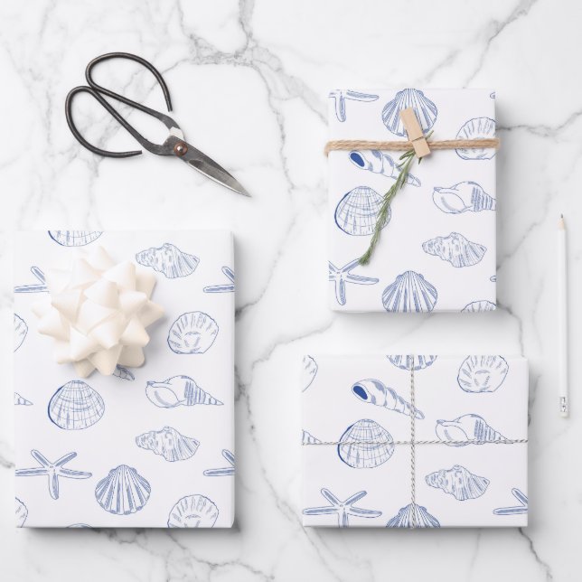 Feuille De Papier Cadeau Bleu blanc Main dessinée Sea Shells Plage Été (Recto)