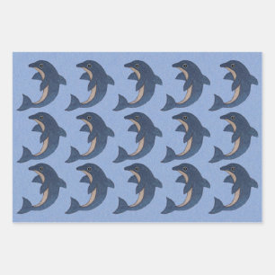 Feuille De Papier Cadeau Bleu blanc violet vert dauphins