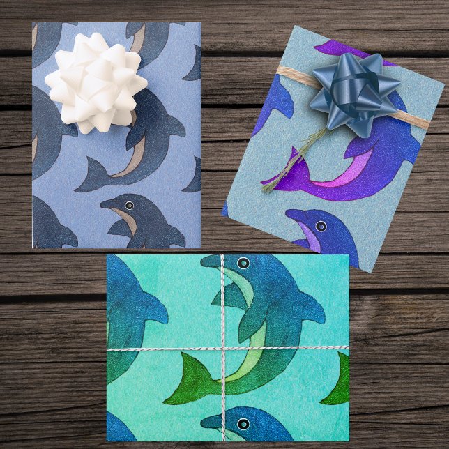 Feuille De Papier Cadeau Bleu blanc violet vert dauphins (Jumping sparkle like dolphins in various blues and purples  on gift wrapping sheets paper.)