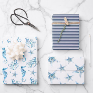 Feuille De Papier Cadeau Bleu côtier Hippocampe et corail Aquarelle