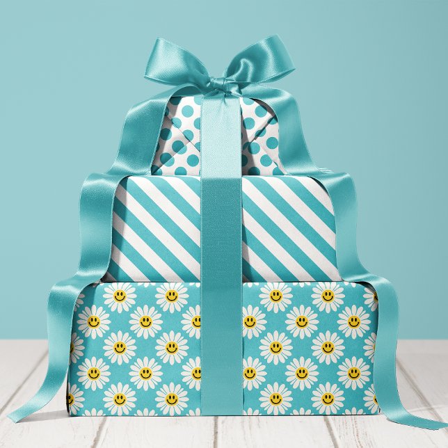 Feuille De Papier Cadeau Bleu Daisy Fleurs Rayures pois (Créateur téléchargé)
