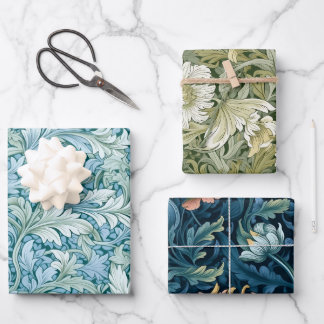 Feuille De Papier Cadeau Bleu de motif botanique rétro