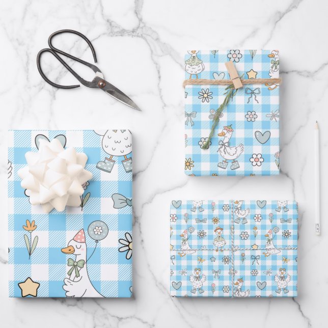 Feuille De Papier Cadeau Bleu d'oie En vichy Anniversaire (Recto)