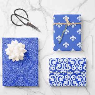 Feuille De Papier Cadeau Bleu Et Blanc Damassé 
