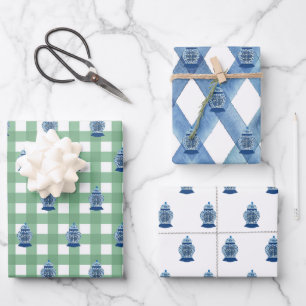 Feuille De Papier Cadeau Bleu et blanc peint à la main Ginger Jar