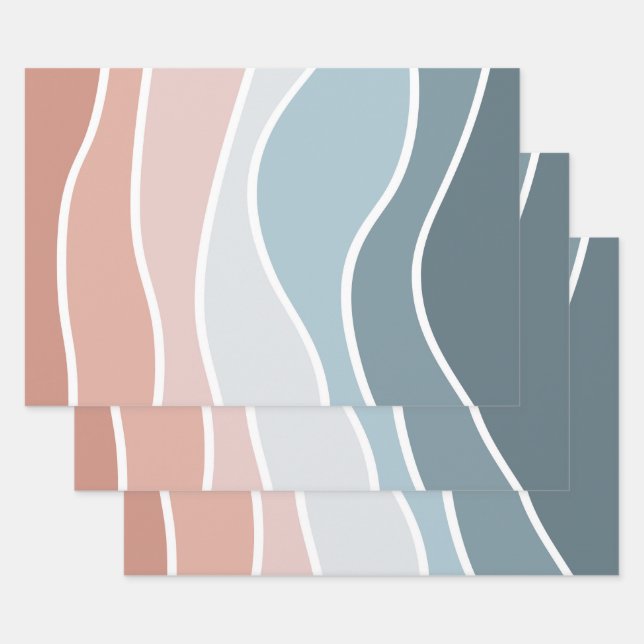 Feuille De Papier Cadeau Bleu et rose style rétro vagues design (Lot)