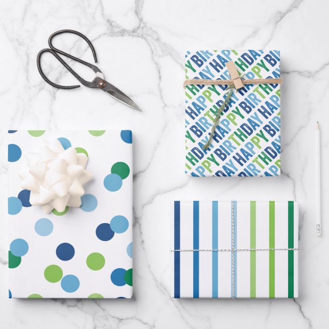 Feuille De Papier Cadeau Bleu et Vert Garçons Anniversaire (Recto)