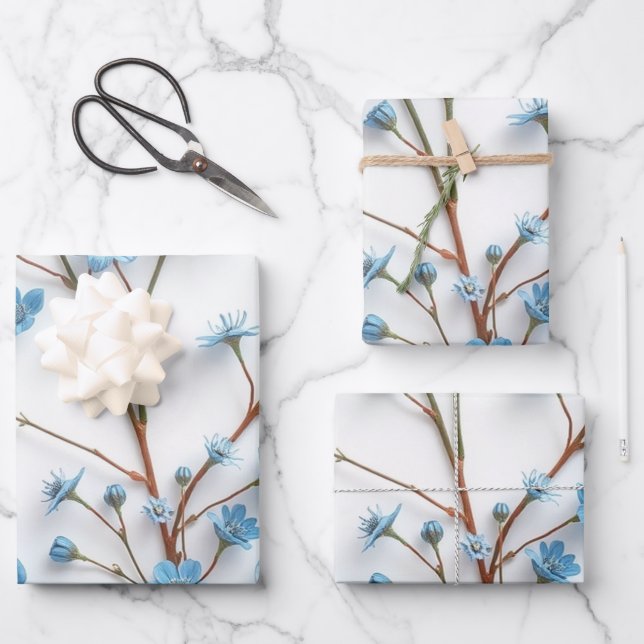 Feuille De Papier Cadeau Bleu Fleur sauvage Art (Recto)