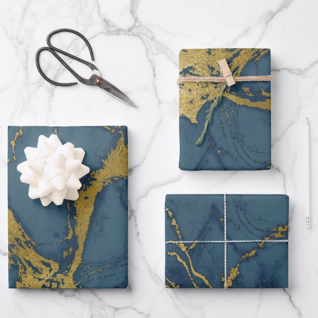 Feuille De Papier Cadeau Bleu foncé et marbre doré (Recto)
