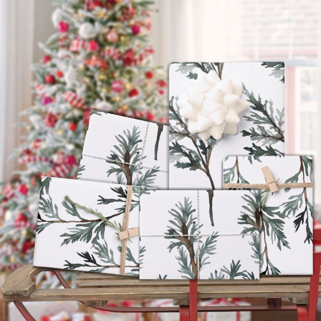 Feuille De Papier Cadeau Bleu Juniper & Cèdre Branche Arbre Hiver Verdure (Blue Juniper & Cedar Tree Branch Winter Greenery Wrapping Paper Sheets)