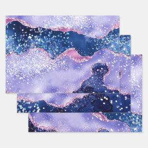 Feuille De Papier Cadeau Bleu & Lilas et Paillettes d'Or Rose Faux Agate