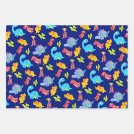 Feuille De Papier Cadeau Bleu Marine, Jaune & Dinosaure Violet Anniversaire