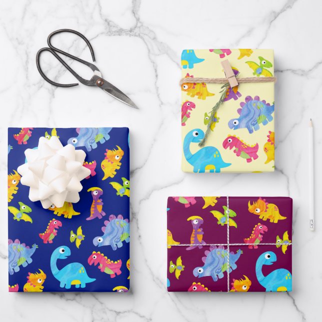 Feuille De Papier Cadeau Bleu Marine, Jaune & Dinosaure Violet Anniversaire (Recto)