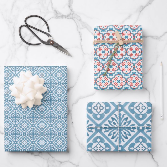 Feuille De Papier Cadeau Bleu marocain Motif carrelage méditerranéen (Recto)