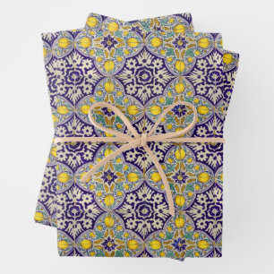 Feuille De Papier Cadeau Bleu Méditerranée Motif Fleurs Jaunes