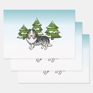 Feuille De Papier Cadeau Bleu Merle Shetland Sheepdog Dans Une Forêt D'Hive