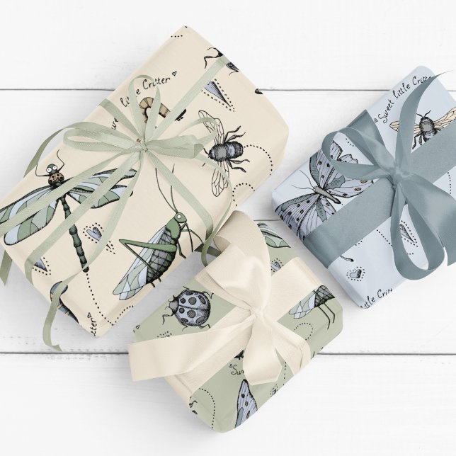 Feuille De Papier Cadeau Bleu mignon et odeur (Adorable Light Blue and Sage Hand-Drawn "Sweet Little Critter" Insects Gift  Wrap for Baby Boy.)