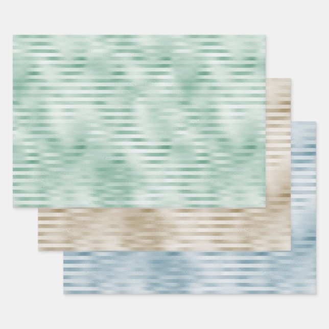 Feuille De Papier Cadeau Bleu Mint Champagne Gold Stripes (Lot)