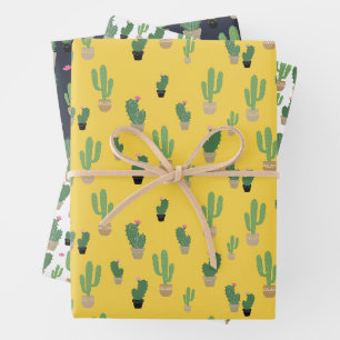 Feuille De Papier Cadeau Bleu Motif jaune Cactus mignon
