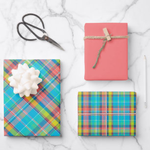 Feuille De Papier Cadeau Bleu néon, Saumon et vert plaid