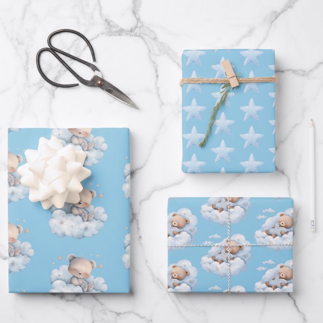 Feuille De Papier Cadeau Bleu Nounours et étoiles (Recto)
