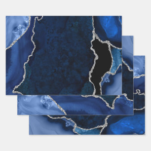 Feuille De Papier Cadeau Bleu Nuit et Faux Paillettes d'Argent Agate