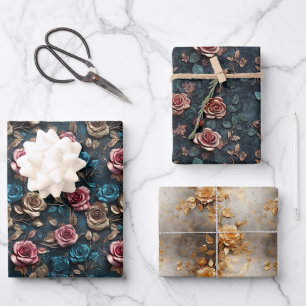 Feuille De Papier Cadeau Bleu or rose jolie Roses