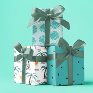 Feuille De Papier Cadeau Bleu pastel tropical de l'été des palmiers côtiers