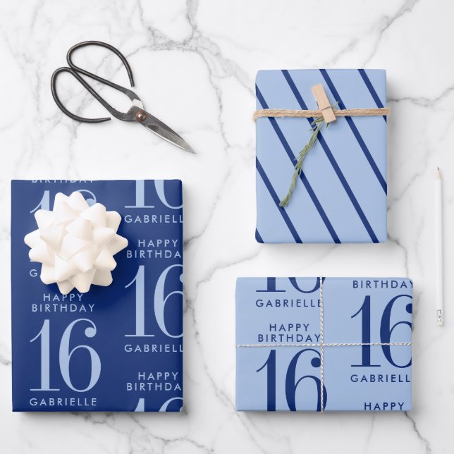 Feuille De Papier Cadeau Bleu personnalisé âge 16e anniversaire (Recto)