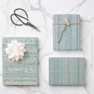 Feuille De Papier Cadeau Bleu poussiéreux et rayé de crème
