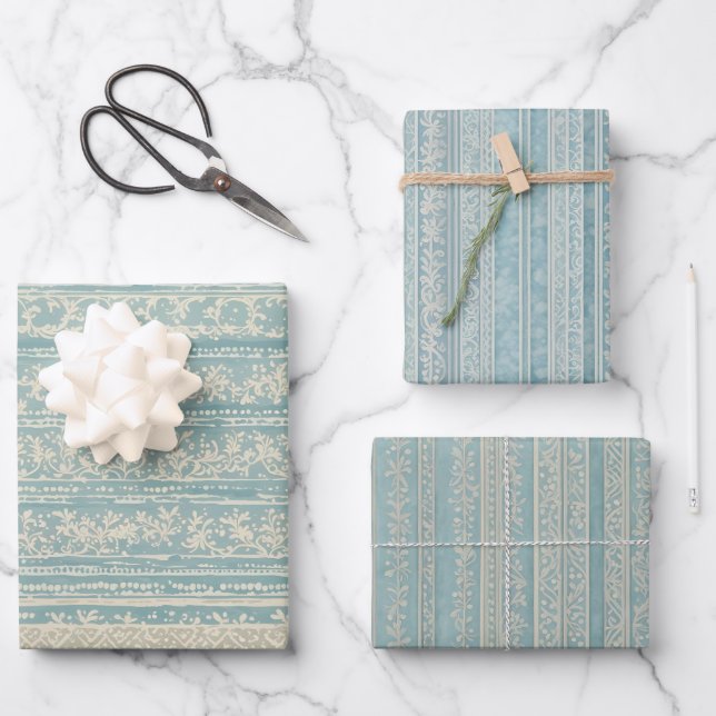 Feuille De Papier Cadeau Bleu poussiéreux et rayé de crème (Recto)