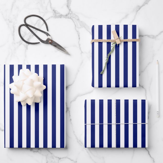 Feuille De Papier Cadeau Bleu rayures classique marine moderne frais (Recto)