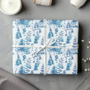 Feuille De Papier Cadeau Bleu rustique traditionnel Forêt de pins nordiques