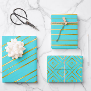 Feuille De Papier Cadeau Bleu Turquoise Élégant Gold Striped